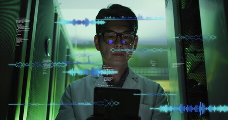Poster - Image of data processing over asian businessman by computer servers