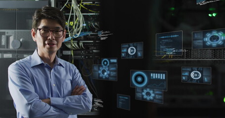 Poster - Image of data processing over asian businessman by computer servers