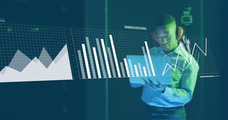 Poster - Image of data processing over african american male it technician working by computer servers