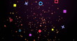 Image of multicolored geometric shapes and dots against black background
