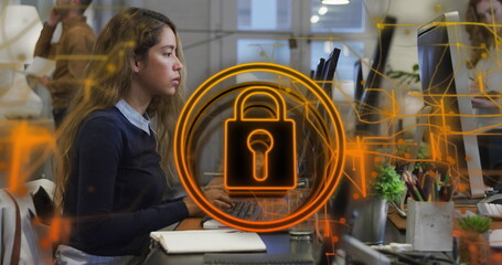 Poster - Image of security padlock icon against biracial woman using computer at office