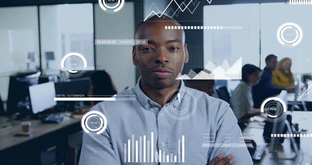 Poster - Image of financial data processing over african american businessman in office