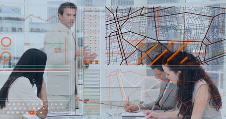 Poster - Image of financial data processing over diverse business people in office