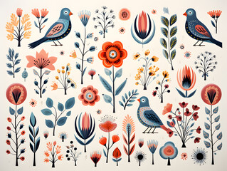  Scandinavian folk art elements isolated on white background