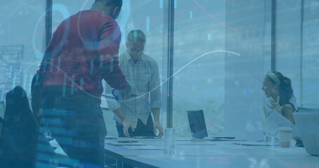 Poster - Image of financial data processing over diverse colleagues having meeting in office