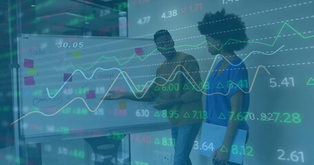 Poster - Image of financial data processing over african american colleagues having meeting in office