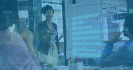 Poster - Image of financial data processing over diverse colleagues having meeting in office