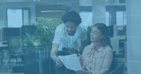 Poster - Image of financial data processing over diverse colleagues discussing work in office