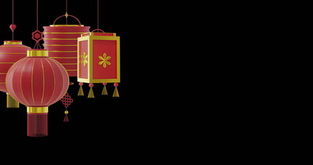 Poster - Image of chinese red lamps hanging with copy space on black background