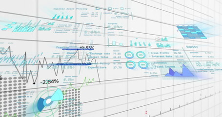 Poster - image of financial data processing over grid on white background