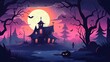 Halloween background with spooky house and moon. Vector illustration.