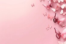Paper Butterflies On Pastel Pink Background With Copy Space For Your Text.