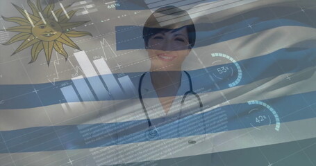 Poster - Image of financial data processing and flag of uruguay over caucasian female doctor
