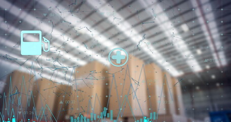 Poster - image of financial data processing over warehouse
