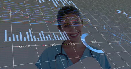 Poster - Image of data processing over biracial female doctor