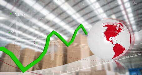 Poster - Image of financial data processing over globe and warehouse