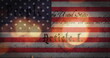 Image of out of focus glowing sparkles and american constitution text over american flag