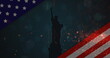 Image of american flag revealing statue of liberty and tiny glowing particles falling
