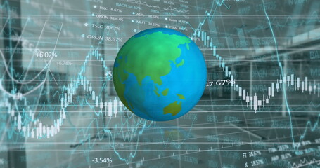 Poster - Spinning globe icon over stock market and financial data processing against empty office