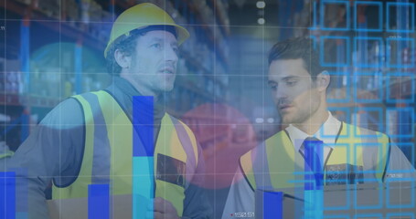 Sticker - Image of data processing over two men talking, working in warehouse shipping centre