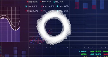 Poster - Abstract geometric shape spinning over stock market and financial data processing on blue background