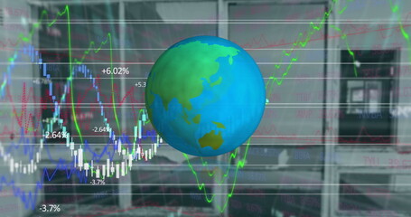 Poster - Spinning globe icon over stock market and financial data processing against empty office