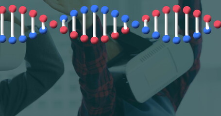 Poster - Image of spinning dna strand over kids wearing vr headsets