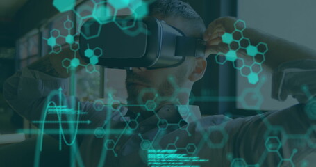 Poster - Image of chemical compounds and medical data processing over man wearing vr headset