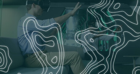 Poster - Image of moving white lines over caucasian businessman wearing vr headset
