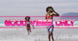 Image of good vibes only text with african american children at beach