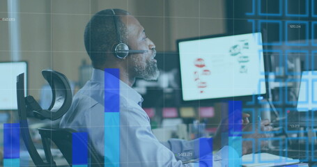 Poster - Image of financial data processing over african american businessman using phone headset