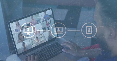 Poster - Image of network of connections with icons over african american man having image call