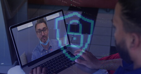 Poster - Image of padlock icon and data processing over african american man having image call