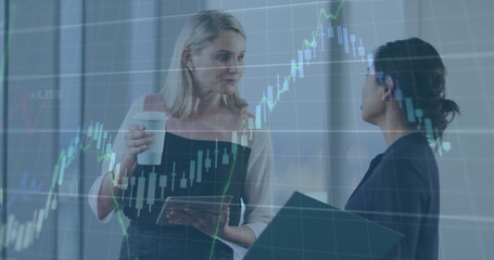 Poster - Image of financial data processing over diverse business people talking