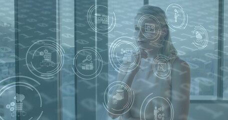 Poster - Image of financial data processing over caucasian businesswoman thinking