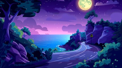 Canvas Print - A mountain road with a sea view at night and an empty asphalt highway under full moon in a starry night. Rocky landscape with ocean, a turn sign, a speedway scenic background cartoon illustration.