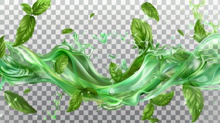 Wall Mural - Water drops with mint leaves, menthol drink, cold tea with peppermint leaves isolated on transparent background. Modern realistic illustration of water waves with falling and flowing water.