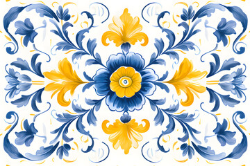 Pattern of azulejos tiles. Rustic blue and yellow tile watercolor seamless pattern