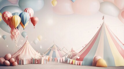 Sticker - Carnival background with balloons and confetti. 3d rendering