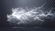 Lightning strikes and thunderclouds, electric discharge and storm clouds, impact place or magical energy flash. Meteorology thunderbolt realistic 3d modern impulse isolated on transparent background.