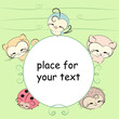 Vector baby shower, space for text, frame with cute simple cartoon little cubs, animals, toys: chick, kitten, puppy, hedgehog, ladybug. 