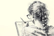 Figure drawing of a woman with glasses writing in a notebook