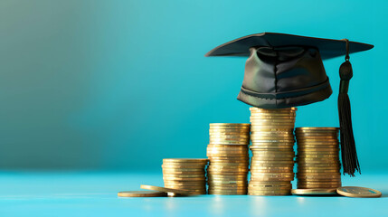 Investment in knowledge and knowledge increases investment returns, graduation cap on saving coins on blue background