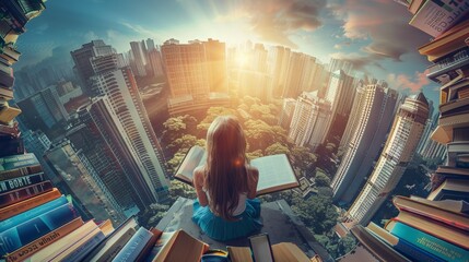 A joyful girl surrounded by a circle of books, each open to a different world of stories, on a rooftop overlooking a serene city park, symbolizing the boundless adventures reading provides.