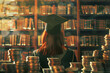 A student searching for scholarships to reduce the need for loans, borrowing money for education, stacks of coins with a college girl in a cap in a library background
