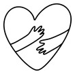 Concept hug man or woman feeling love gesture. Hand drawn hands inside heart symbol. Logo icon illustration for young camp, conference, wedding, friendship, greeting card