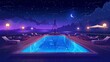 Cruise liner swimming pool at night, empty ship deck with sun loungers and umbrellas, luxury sailboat under starry sky. Cartoon modern illustration of passenger ship under starry sky.