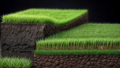 grass 3d ground land green field earth garden soil isolated background section. podium grass ground 