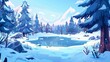 Winter forest with frozen pond. Nature landscape background with conifers and mountains, icy lake, rocks, pines and bushes, cartoon modern illustration.