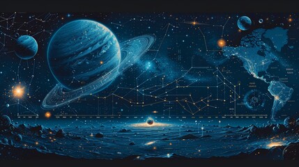 Wall Mural - The image represents a growth chart in the form of a starry sky or space. It comprises points, lines, and shapes that represent planets, stars, and the universe. Modern wireframe.